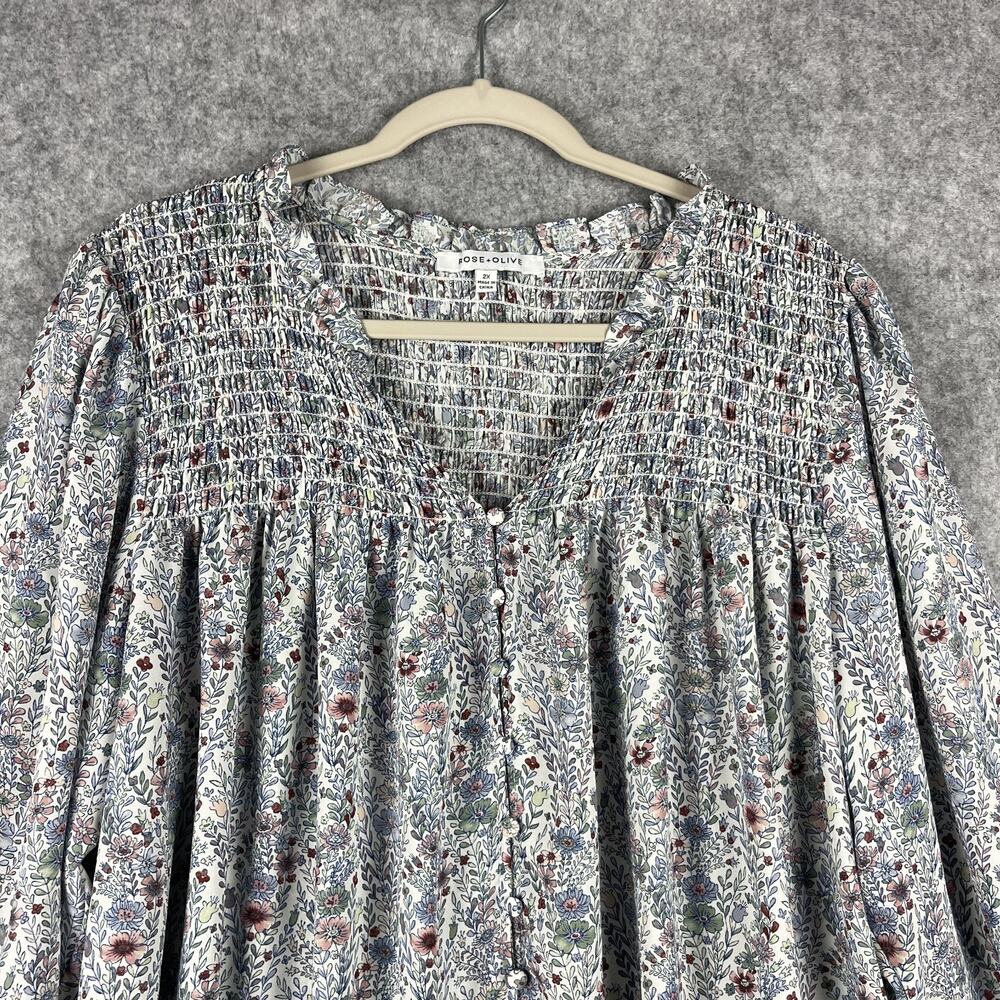 Rose Olive Tunic Top Womens 2X Floral Blouse Smocked Button Front Ruffle Flowy - Picture 2 of 14